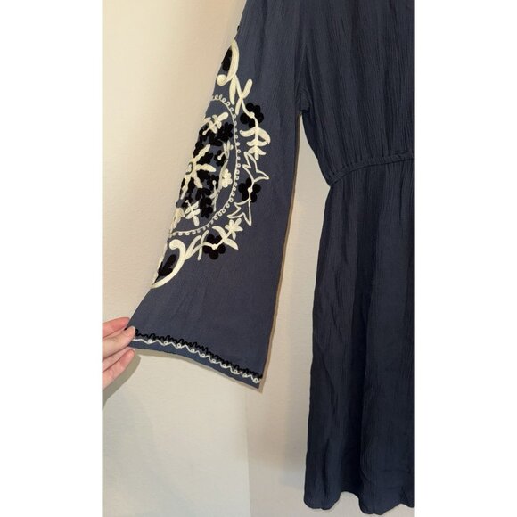 Scully Embroidered Empire Waist Dress Boho Floral Viscose Womens L Large Blue - Picture 6 of 6